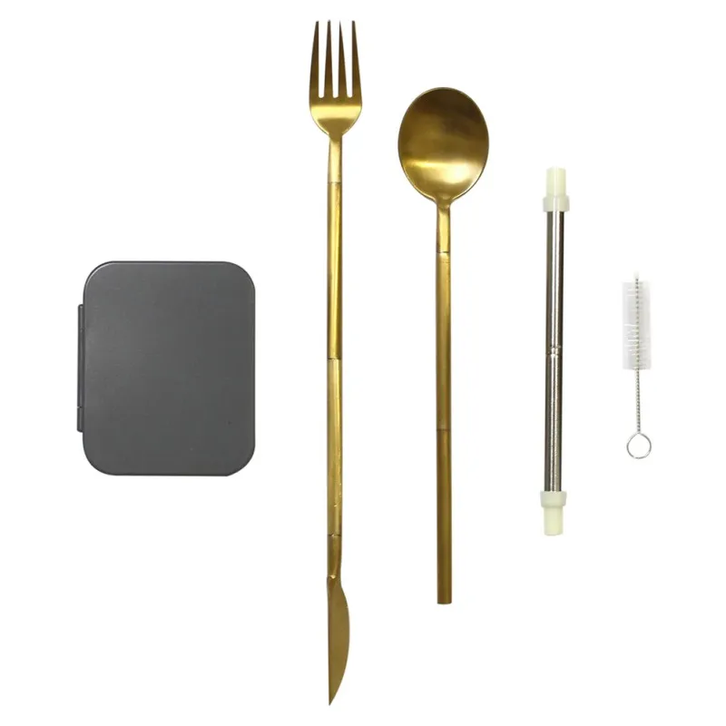 Складные ложка и вилка из нержавеющей стали, складной нож, походная посуда для пикника, посуда для путешествий - Цвет: GOLD