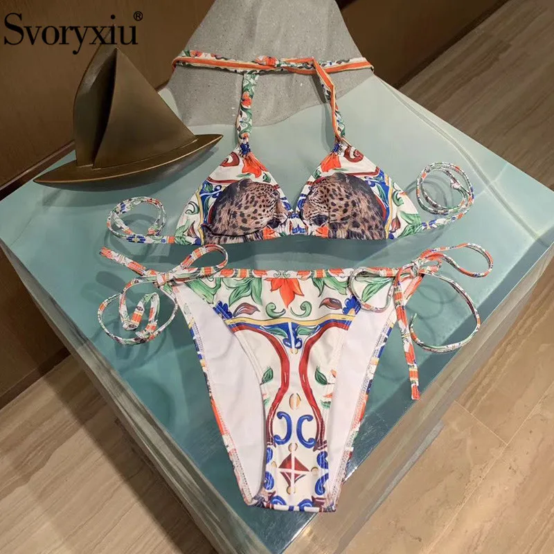 

Svoryxiu Designer Animal Painted Pottery Print Sexy Triangle Bikini Set Women's Summer Beach Wear Bathers Bathing Suit Swimwear