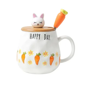 

cartoon cute ceramic mug with carrot spoon heat resistance coffee mugs coffee with wooden rabbit cover couple cups for students