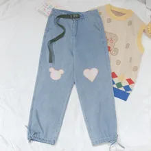 Осеннее маленькое свежий обувь для девочек любящее заплатка "медведь" Джинса мягкая сестра в эксцентричном ретростиле широкие Штаны студенческие дикие прямые Штаны Колледж стиль