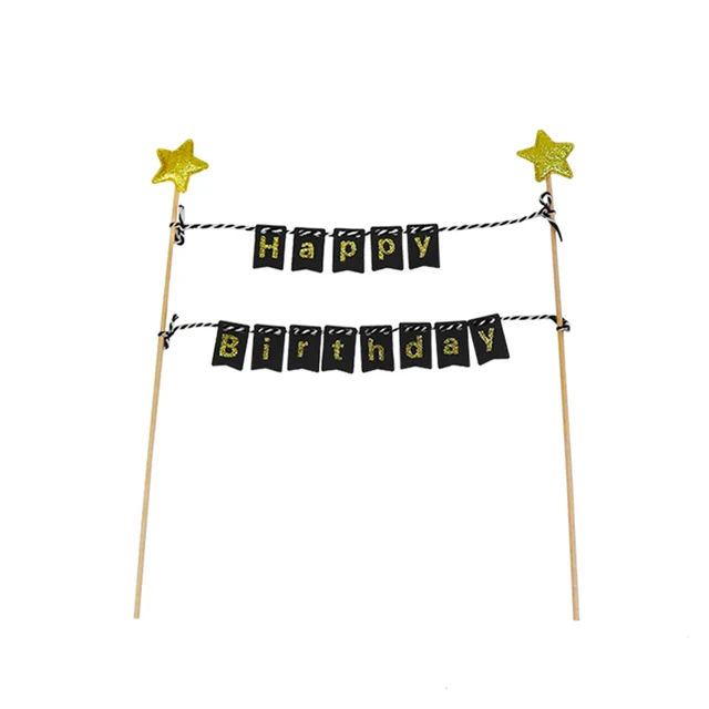 1Set Happy Birthday Cake Toppers Banner Flag Baby Shower Birthday Party Cupcake Topper Kids Girl Boy Birthday Cake Decorations black