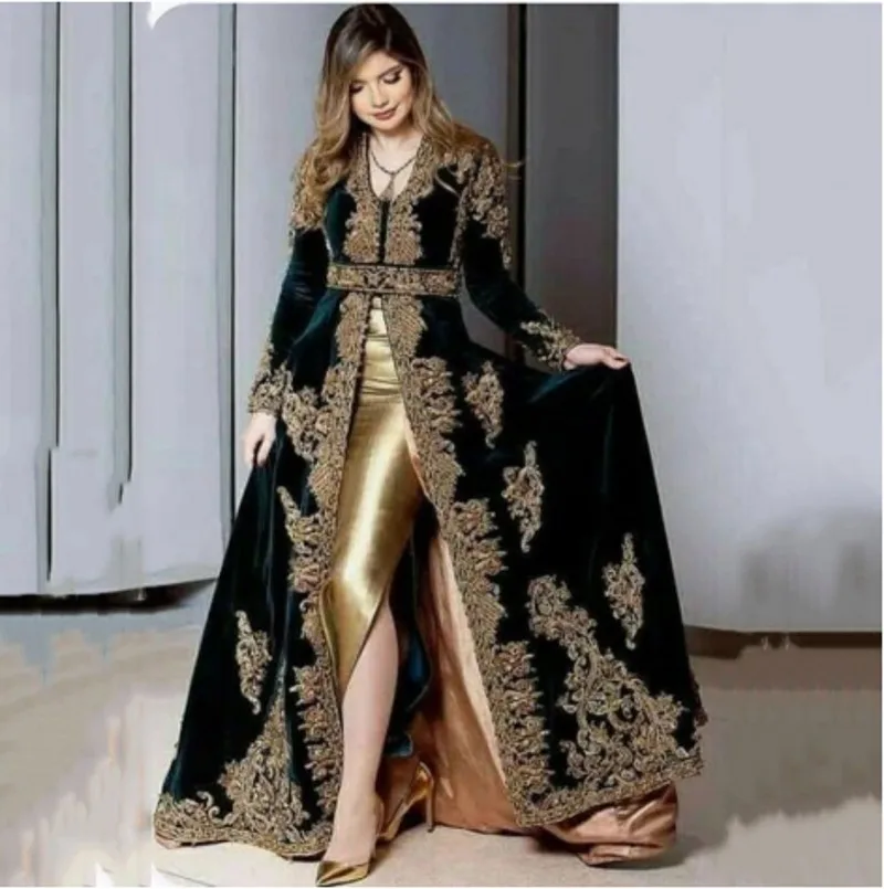 

Green Marocco Mermaid Velvet Evening Dress 3 Pieces Overskirt Split Applique Lace Prom Formal Gowns Elegant Dubai Saudi Arabic