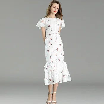 

Slim White Lace Mermaid Dress Women Fashion Show Elegant Ruffles Short Sleeve Summer Sheath Party Midi Dress