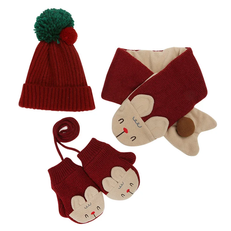 Новинка года, зимняя детская теплая плотная шапка, шарф, перчатки, комплект из 3 предметов, вязаные детские вязаные шапки, шапки, теплые перчатки для мальчиков и девочек - Цвет: red 3pcs