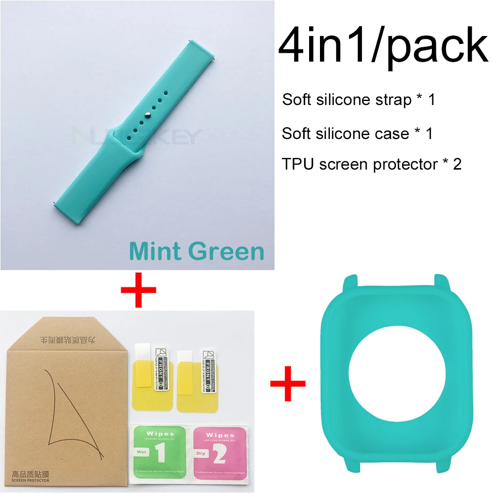 Mint Green-Mint Gree 4в1 Мягкая силиконовая лента для Xiaomi Huami Amazfit GTS ремешок браслет часы с Мягкий силиконовый чехол Защитная пленка для экрана - Цвет: Mint Green-Mint Gree