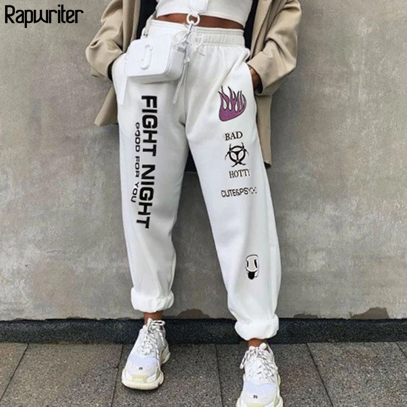 

Rapwriter Fashion Drawstring Elastic High Waist Pants Women 2019 Autumn Streetwear Loose Joggers Trousers White Pantalon Femme