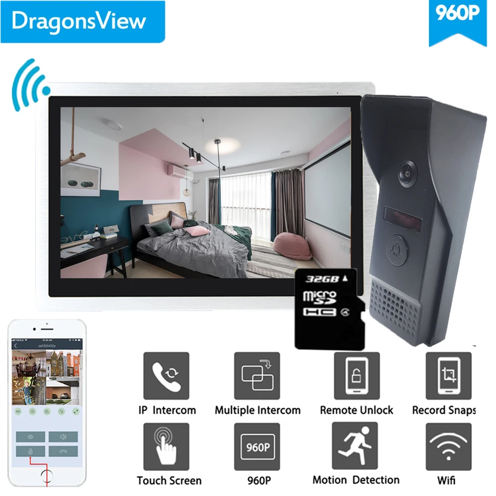 Dragonsview 10 дюймов Wifi система внутренней связи беспроводной дверной звонок камера Умный дверной звонок безопасности Android ISO мобильный телефон поддерживается - Цвет: Set 2 32GB Card