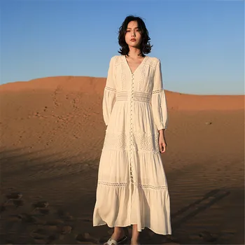 

Fairy Retro V-neck Dress Women's Spring and Summer High Waist Vacation Beach Dress Female Long Sleeve Long Dress NS1890