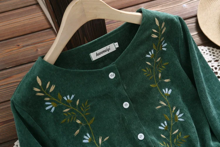 

Japanese-style Mori Girl Line Sweet Cute Exquisite Embroidered Embroidery Corduroy Retro WOMEN'S Long-sleeved Dress