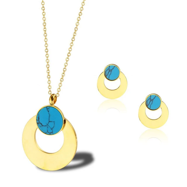 Stainless Steel Titanium Blue Turquoise Necklace Circle Stud Earrings Jewelry  Set for Teen Girls and Women - AliExpress