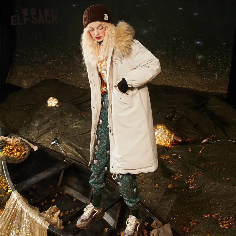 ELFSACK Cartoon Print Fur Collar Korean Warmness
