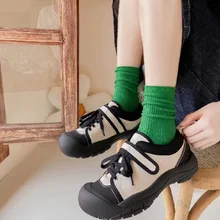 

1Pair Japanese Style Green Pile Socks For Women Cotton Middle Tube Spring Autumn Socks Double Needle Knitted High Quality Socks
