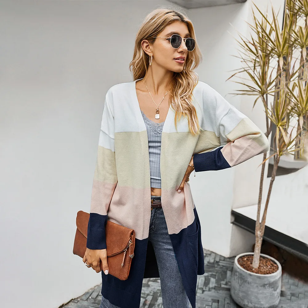 

2020 Autumn and Winter Look Thin European and American Slim Knit V-neck Contrast Cardigan Temperament Commuting Mid-length Sweat
