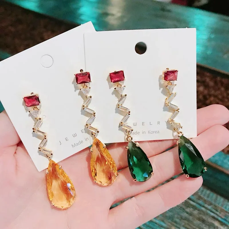 

MENGJIQIAO Korean New Design Elegant Wave Waterdrop Crystal Dangle Earrings For Women Students Temperament Oorbellen Jewelry