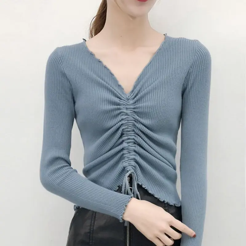 

Retro Female Slim Knitted Pullover Top White Sweet Elegant Long Sleeve Lace Up Sweater Sexy Ladies Clothing 2019 Autumn Winter