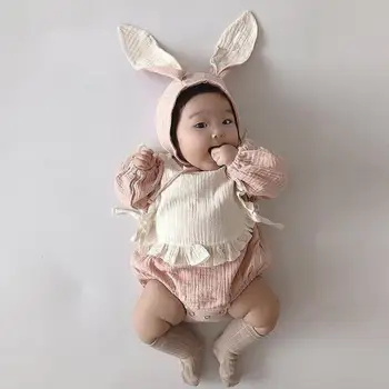 

Newborn Baby Boys Girls Bodysuit+bib+hat 3pcs Baby Autumn Cotton Long Sleeve Jumpsuit Baby Clothes Outfits Set