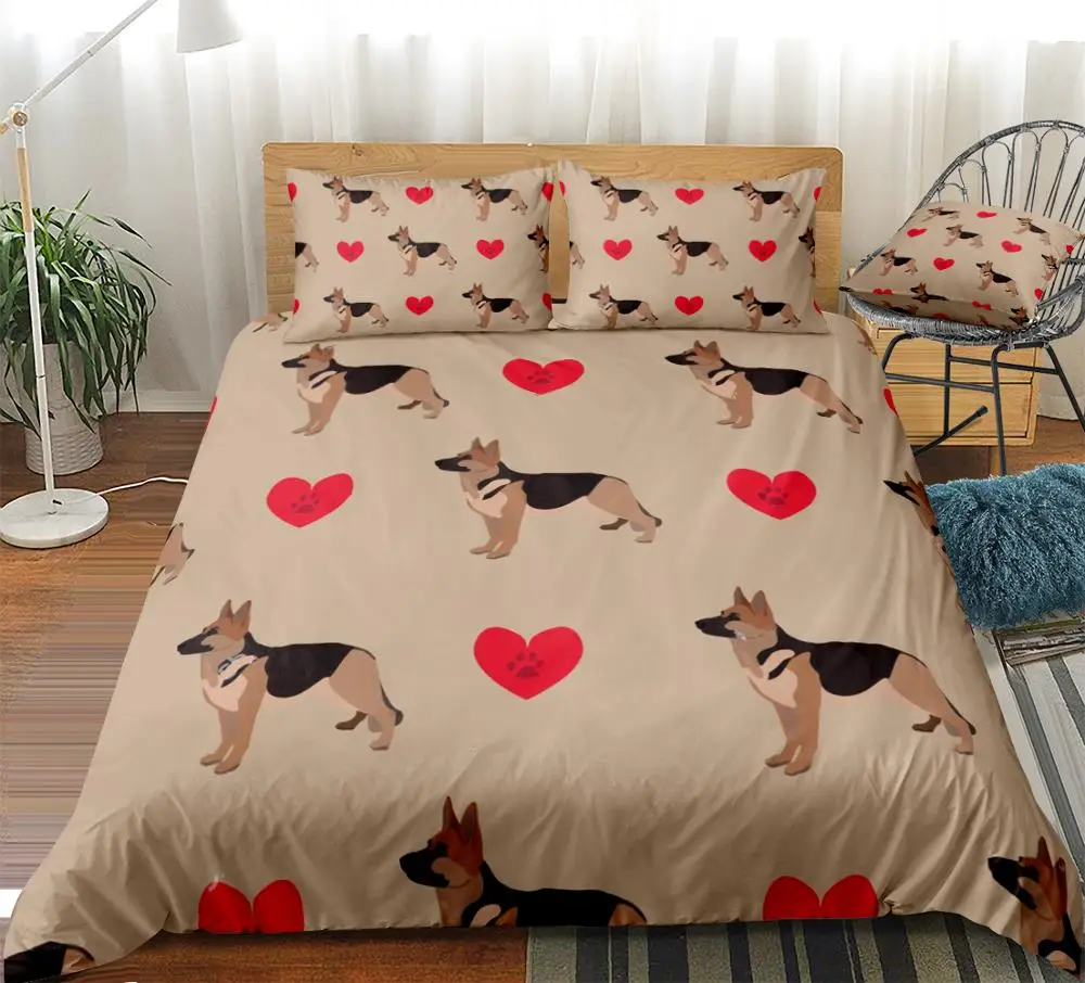 

3 Pieces German Shepherd Dog Duvet Cover Set Cartoon Dog Bedding Kids Boys Girls Red Hearts Quilt Cover Queen Bed Set Dropship