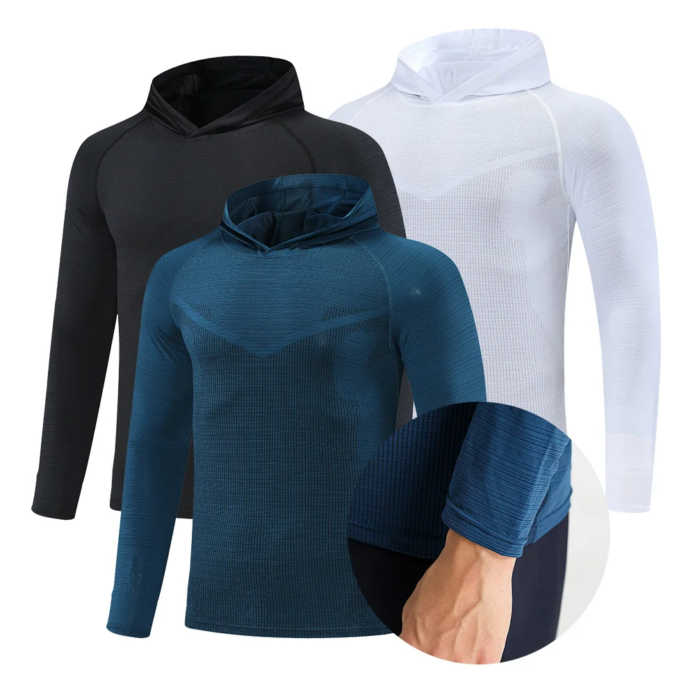 

Новинка 2021, Мужская футболка, дышащая футболка для бега, футболка для тренажерного зала, спортивные футболки с длинным рукавом, компрессионный топ с капюшоном для бега