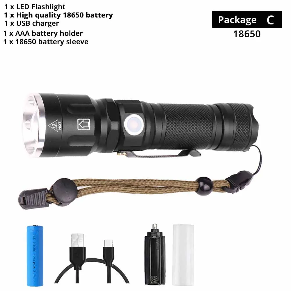 Package C-18650 Водонепроницаемый XHP50 светодиодный тактический фонарь с 5 режимами освещения, масштабируемый фонарь с батареей 18650 или 26650 для активного отдыха - Испускаемый цвет: Package C-18650