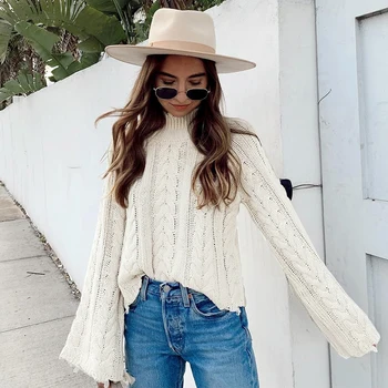

Orgypsy Boho Solid Sweater Flare Long Sleeve White Knitted Sweaters Women Vintage Turtle Neck Pullover Jumper Autumn Winter 2020