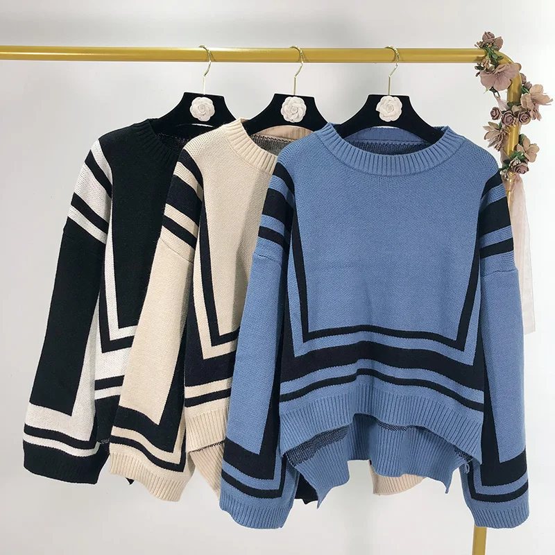 Осень и зима Новые пуловеры свитера женские корейские Дикие повседневные женские свитера полосатые с длинным рукавом Необычные Топы