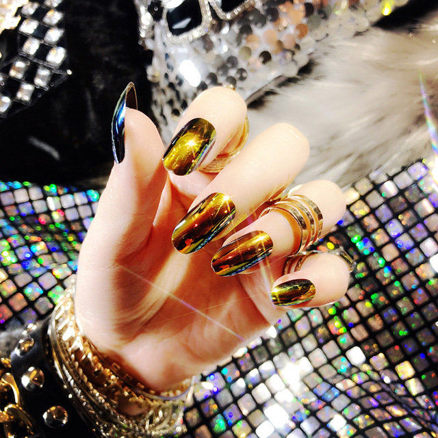 24Pcs Shiny Punk Style Fake Nails Long Ellipse Metallic Mirror Full Cover False Press On Nails Manicure Beauty Tools