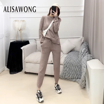 

Women Tracksuits Fashion Knitted Two Piece Sets Spring Autumn Pullover Sweater + Slim Pants Sportsuit Woman Pink Outfit Clothing