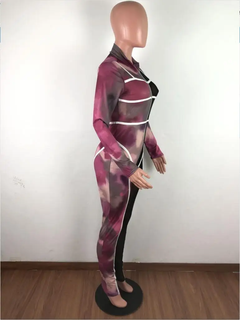 Adogirl Tie Dye Print Sheer Mesh Patchwork Bandage Jumpsuit Front Zipper Turtleneck Long Sleeve Skinny Romper Night Club Overall