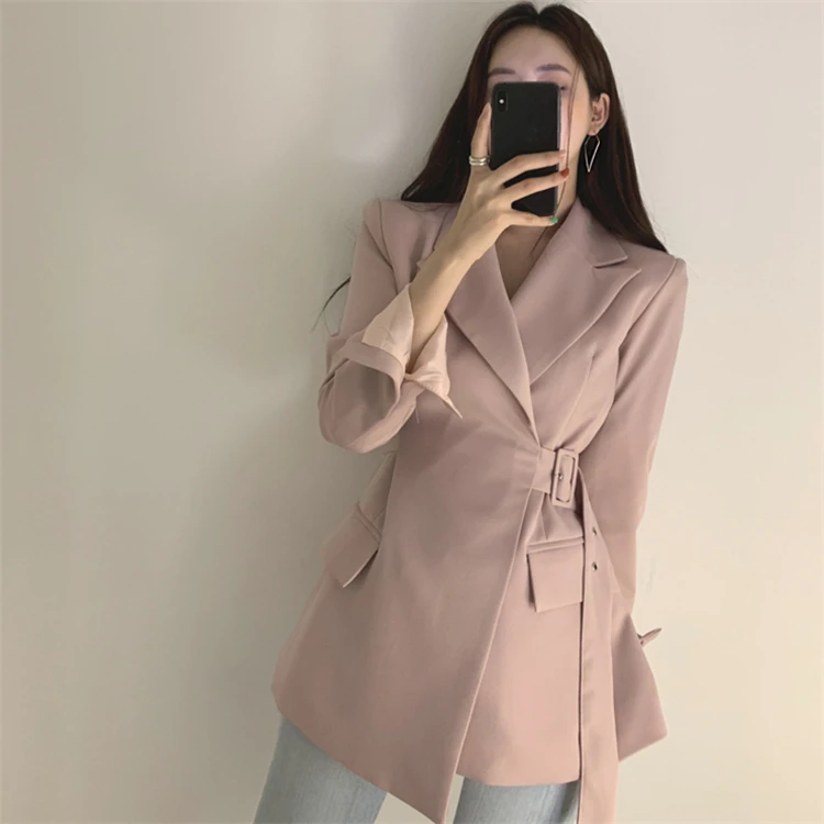 Pink office Autumn Winter Women Jackets Office Ladies Lace Up Formal Outwear Vintage Elegant Solid Pink Black Women Clothes belt