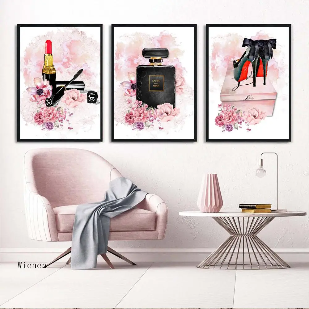 

Lipstick High Heels Vogue Canvas Painting and Prints Perfume Bottle Posters Pink Flower Peony Wall Poster Beauty Room Decoration