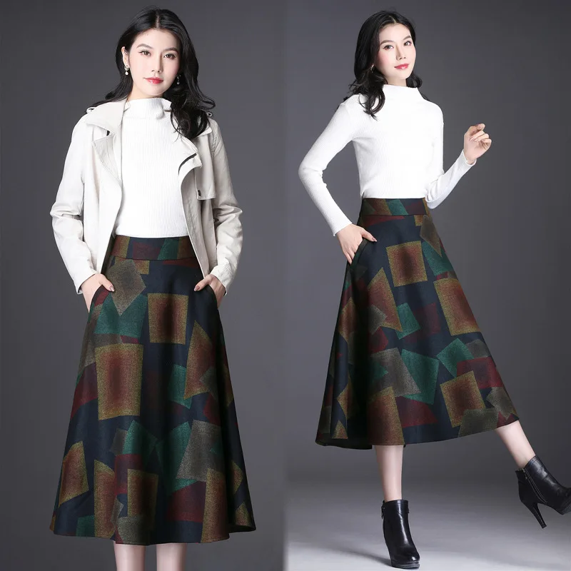 

Woolen Skirt Mid-length 2019 Autumn And Winter High-waisted Korean-style New Style Pleated Skirt Big Hemline A- line Skirt Large