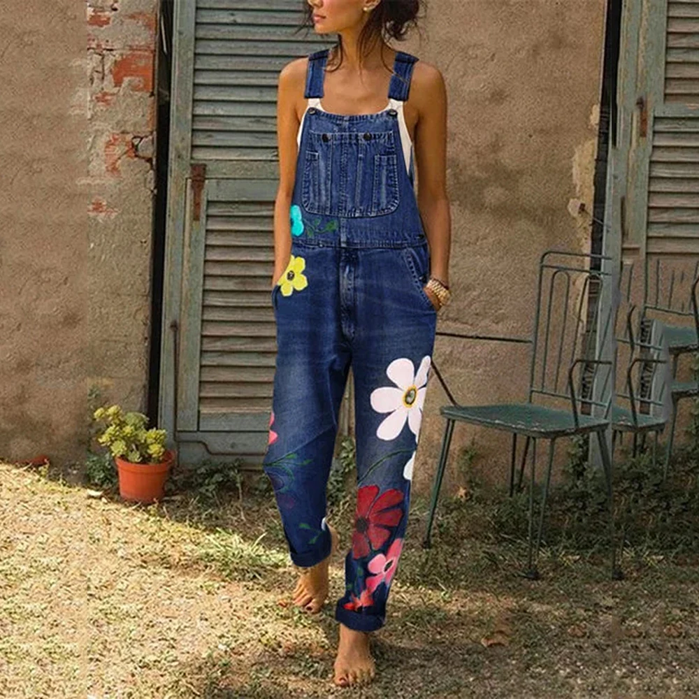 

2019 New Fashion Women Florals Printing Full LengthWomen Jeans Autumn Straps Neck Light Washed Pockets Overalls Denim Pants