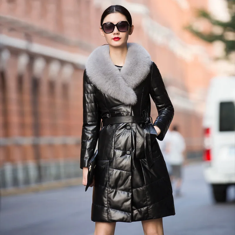 Женская куртка из натуральной кожи, натуральная овчина, длинное пальто размера плюс 6XL, зимняя куртка на утином пуху, женская шуба из натурального Лисьего меха L480