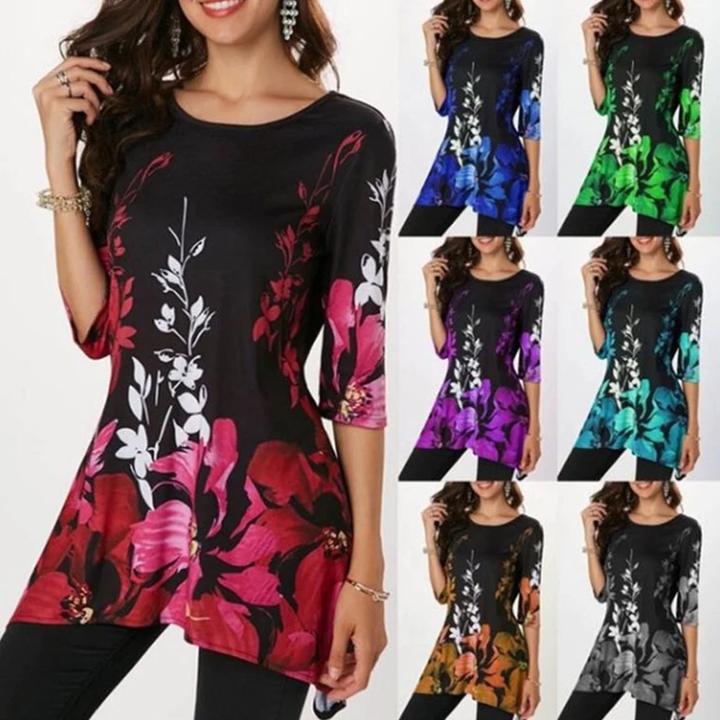 

Women's Half Sleeve floral Print Retro Shirt 2019 Spring Summer New Casual Loose O-Neck T-Shirt Large Size Fashion Women's S-5XL