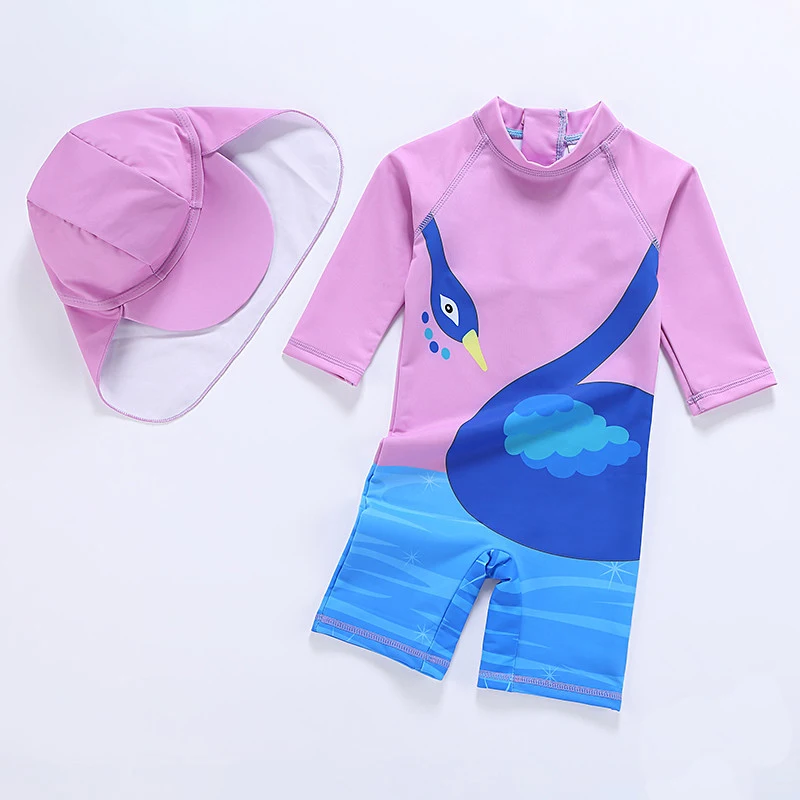 Новинка года, купальный костюм для девочек от 3 до 7 лет, детский купальник с лебедем, детская полосатая блузка, пляжная одежда с Hat-SW348 - Цвет: SW348 purple