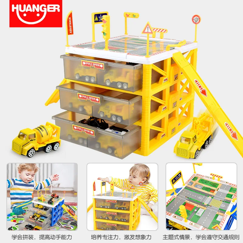 

CHILDREN'S Car Parking Lot Set Boy Alloy Engineering Firefighting Police Car Stereo Multilayer Garage Storage Box Toy