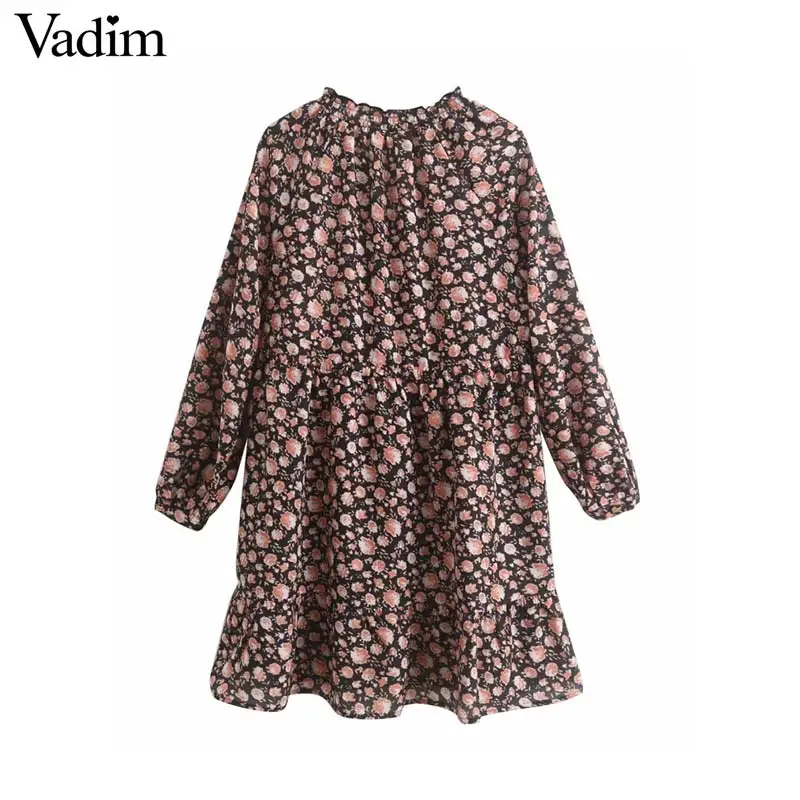 Vadim женское винтажный цветочный узор мини-платье с v-образным вырезом и длинным рукавом Женский Повседневный Свободный Свободное платье с кисточками на юбке QC819