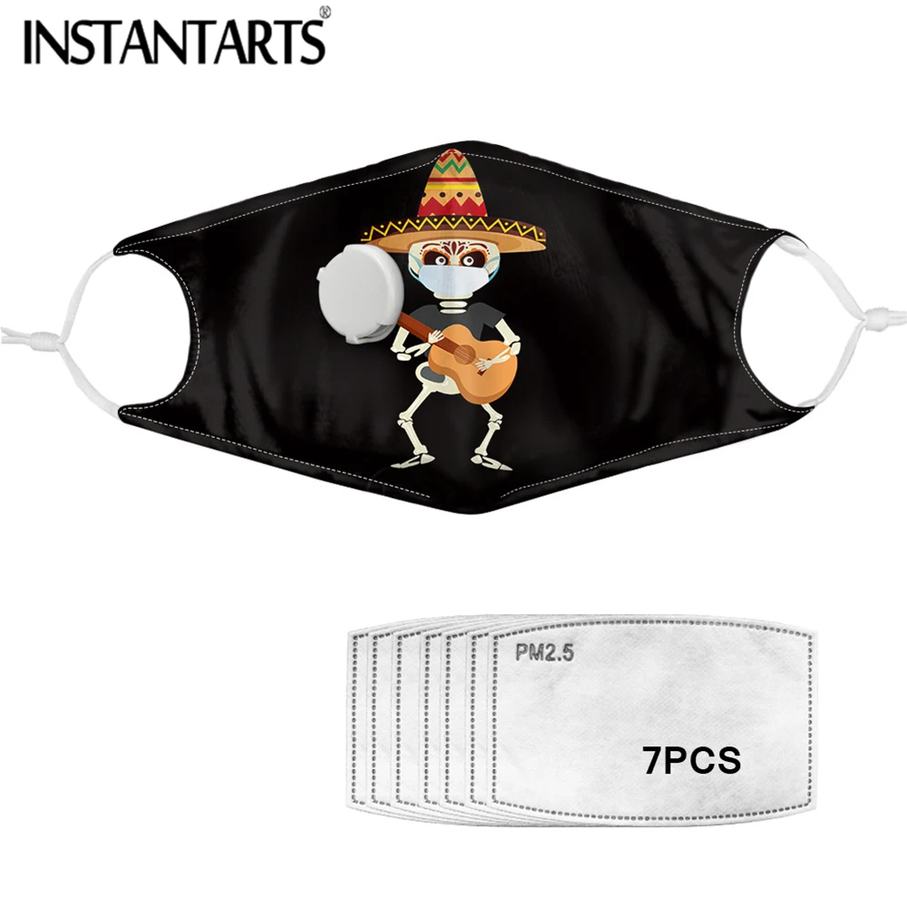 

INSTANTARTS Black Fashion Face Mask Cartoon Print Masks 7pcs Anti Haze PM2.5 Filter Reusable Washable mascarillas For Kids