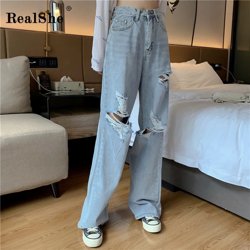RealShe 2019 женские брюки с высокой талией на молнии дырками одноцветные Брюки для
