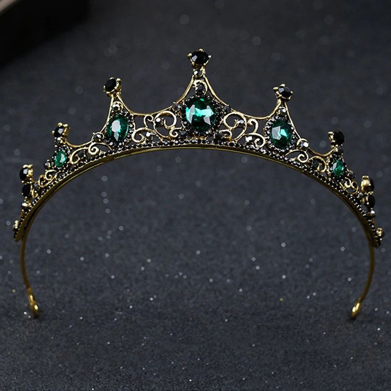 Baroque Crown Hair Hoop Big Green Rhinestone Bridal Tiaras Retro Alloy Accessories for Bride Women FS99 |