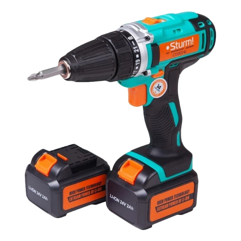 Дрель-шуруповерт аккумуляторная Sturm! CD3224L (Быстрозажимной патрон, 2 режима, 1650 об/мин, 350 Нм, Li-Ion 24 В, ревер