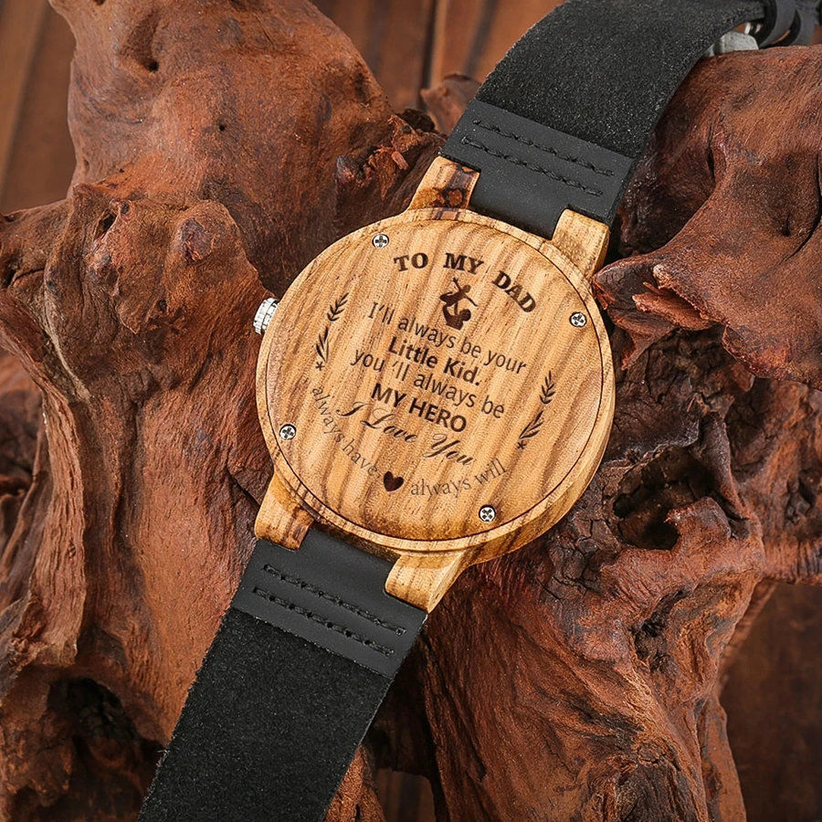 I Love Dad Quartz Wooden Watch Customized My Hero Leather Wristwatches Men Wood Clock Father's Day Best Gifts for Daddy Father