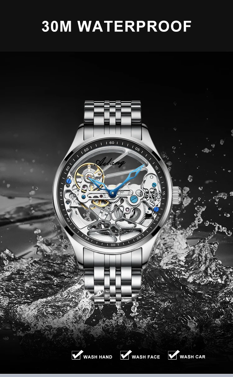 AILANG Skeleton Mechanical Mens Watches Top Brand Luxury Steampunk Transparent Hollow Automatic Watch Relogio Masculino 8625