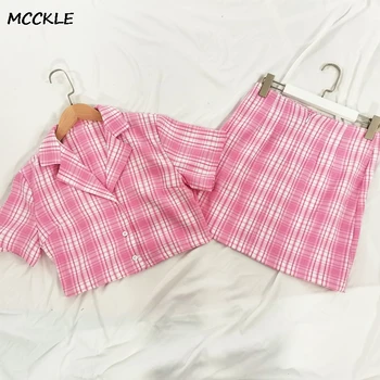 

Plaid Patachwork Notched 2 Piece Women Sets Short Sleeve T-Shirt And Split Mini Skirt Female Set Summer Sweet Fashion Lady Suit