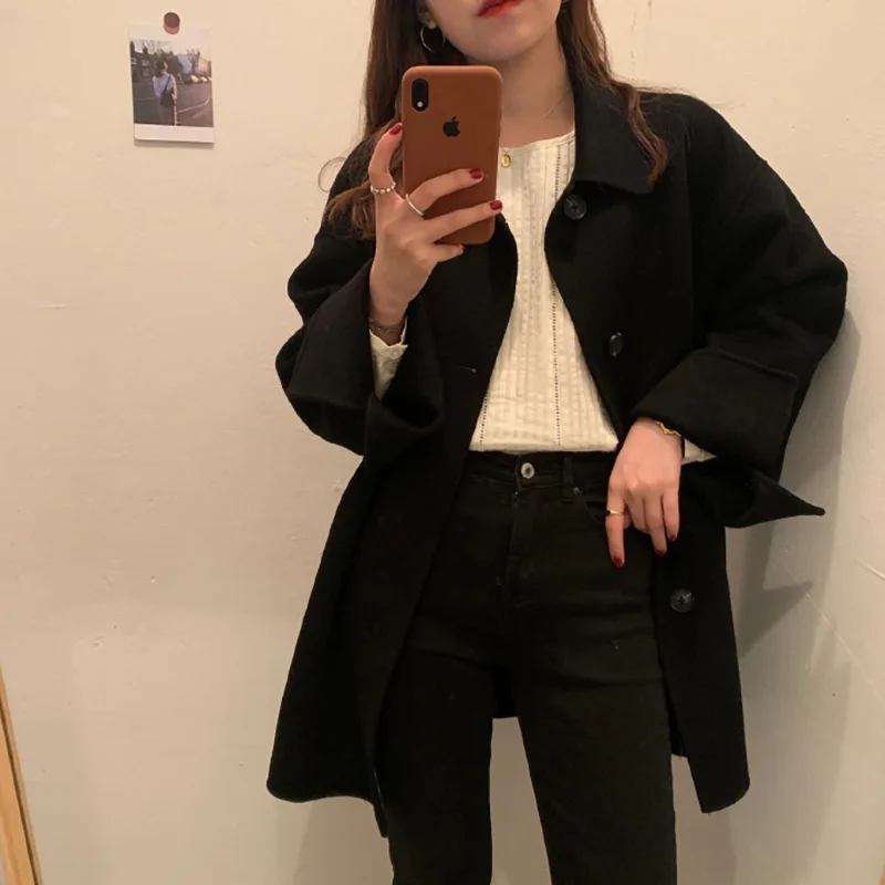 

Черное шерстяное пальто 2021 зимнее корейское длинное повседневное шерстяное пальто темперамент Qm *