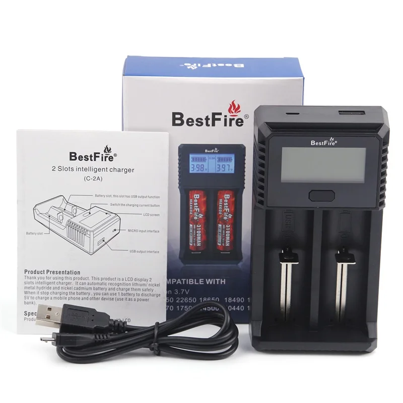 Bestfire C-2A 18650 зарядное устройство lcd USB Смарт зарядное устройство 2 слота для 18650 26650 18350 батарея для AA AAA аккумуляторные батареи - Цвет: Черный