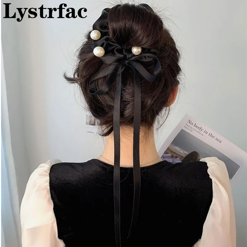 

Lystrfac Korean New Bow Ribbon Pearl Scrunchies for Women Girls Hair Tie Head Rope Female Vintage Hair Ring Hair Accessories