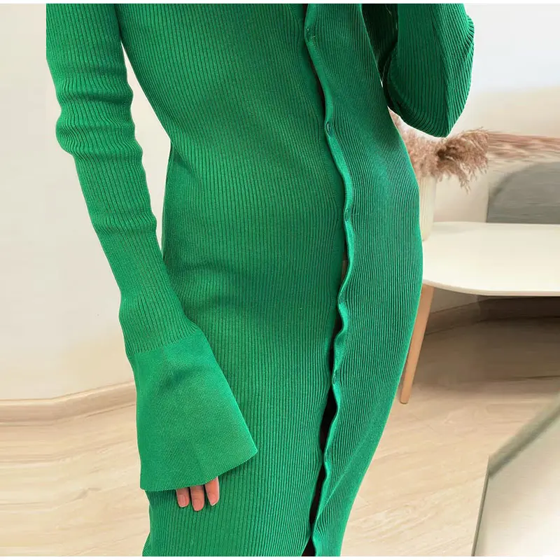 Sexy V-neck Midi Knitted Women Dress Bodycon Fashion Long Sleeve Button Sweater Dresses Female Autumn 2021 Ladies Party Vestidos slip dress