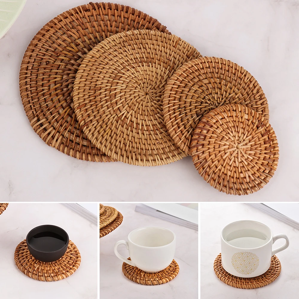 

New Round Rattan Pad Coasters Kitchen Cup Table Mats Bowl Mats Padding Mat Insulation Pad Round Placemats Handmade