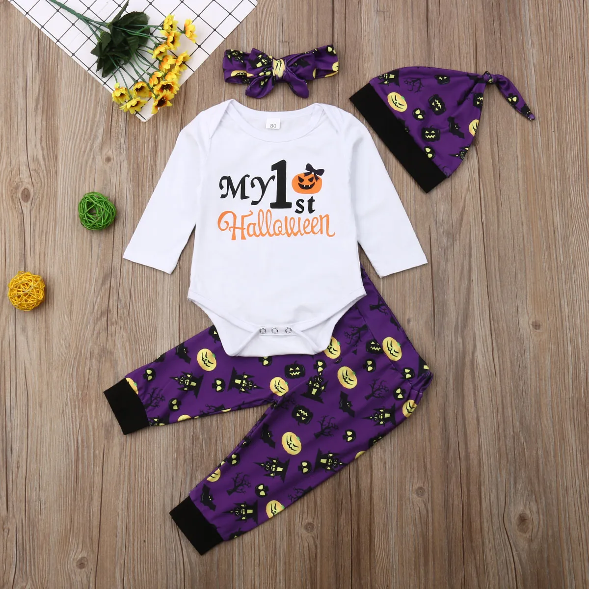 

Pudcoco Newborn Baby Boy Girl Clothes My 1st Halloween Print Romper Tops Halloween Print Long Pants Headband Hat 4Pcs Outfits
